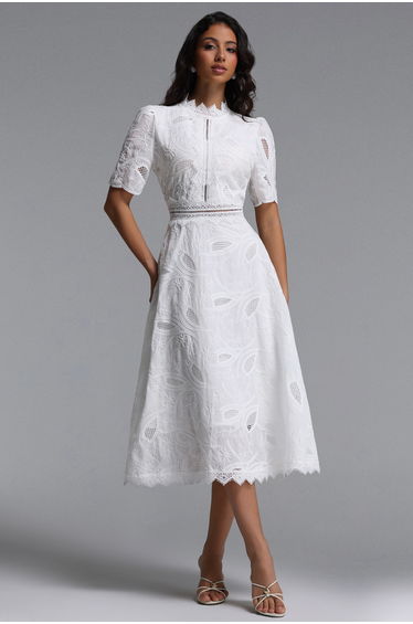 Stretchy Resort Cinched Short Sleeve Embroidered Floral Lace Woven Midi Dress