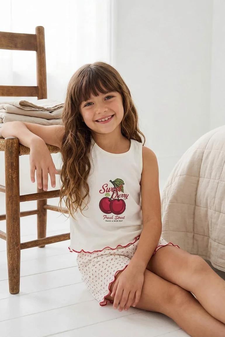 White Printed Ruffle Girls Knitted Pajamas Set - 5