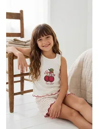 White Printed Ruffle Girls Knitted Pajamas Set - 5