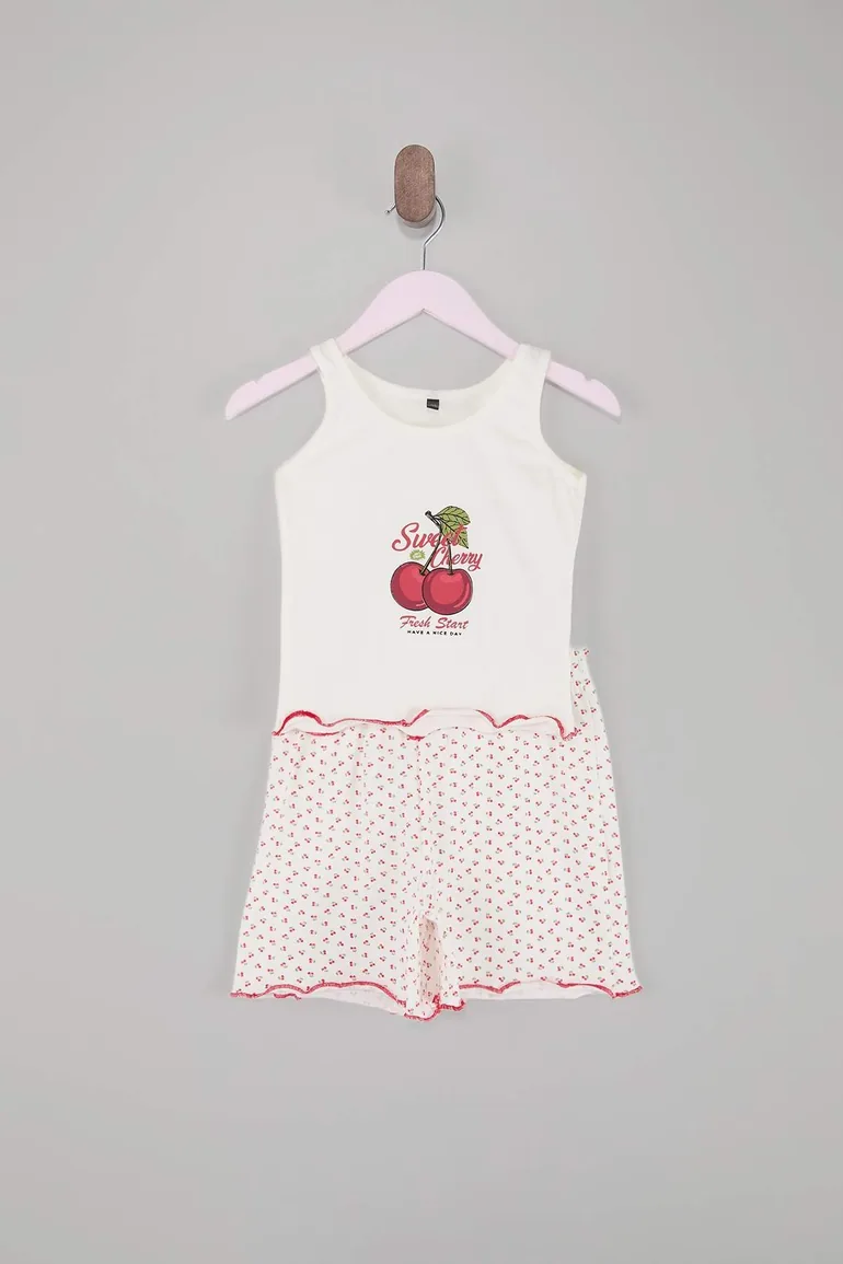 White Printed Ruffle Girls Knitted Pajamas Set - 1