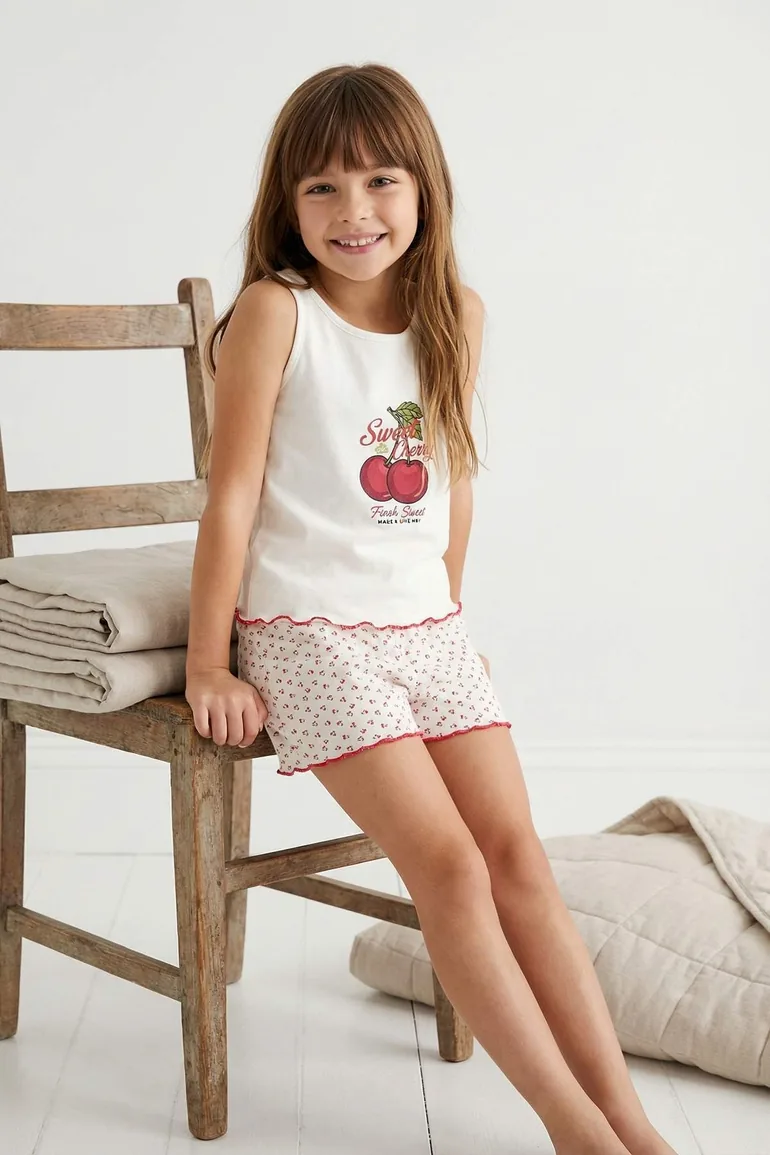 White Printed Ruffle Girls Knitted Pajamas Set