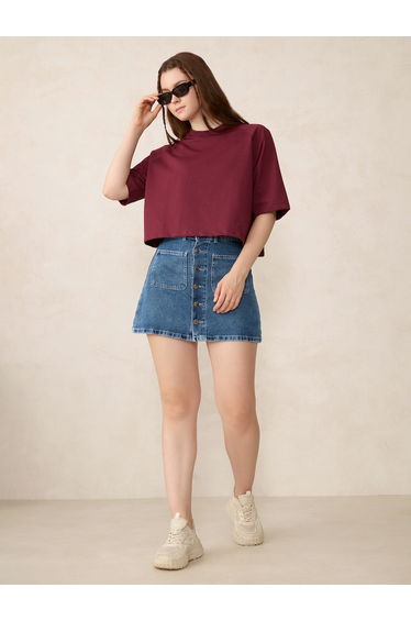 Burgundy Solid Boxy Crop T-Shirt