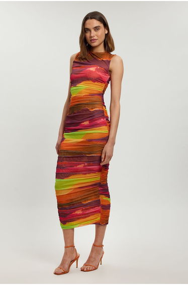 Marbled Printed Mesh Ruched Jersey Maxi Dress