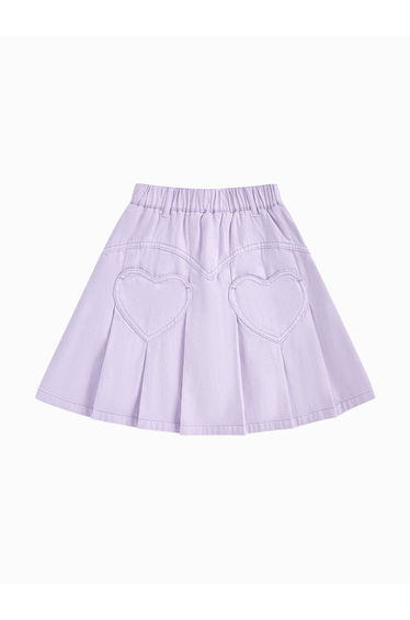 Girls' Short Denim Skirt With Pleats And Heart Pockets