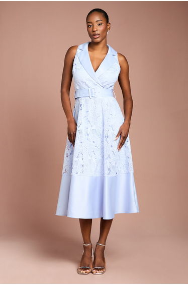Lace Sleeveless Satin Contrast Midi Shirt Dress
