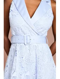 Lace Sleeveless Satin Contrast Midi Shirt Dress - 1