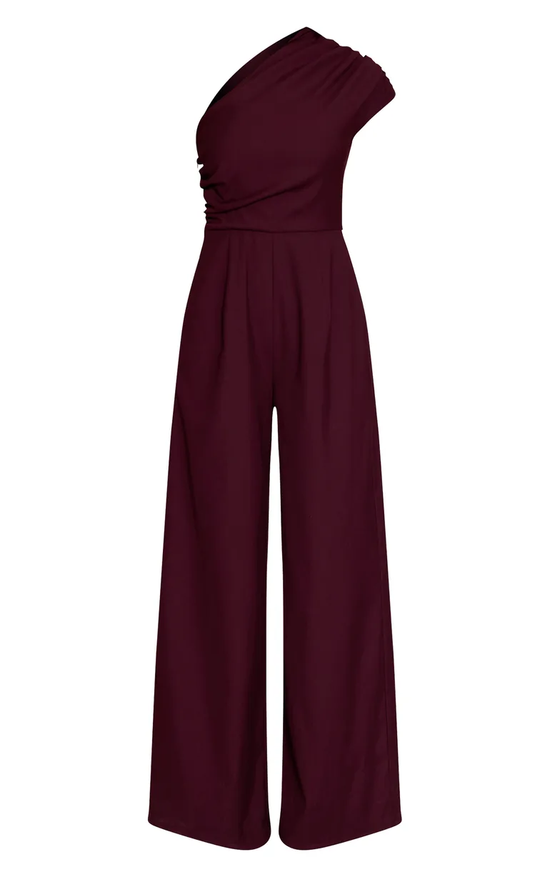 PLT Label Plum Asymmetric Ruched Wide Leg Jumpsuit - 4