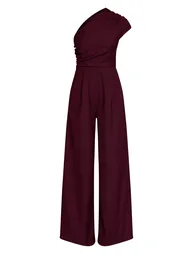 PLT Label Plum Asymmetric Ruched Wide Leg Jumpsuit - 4