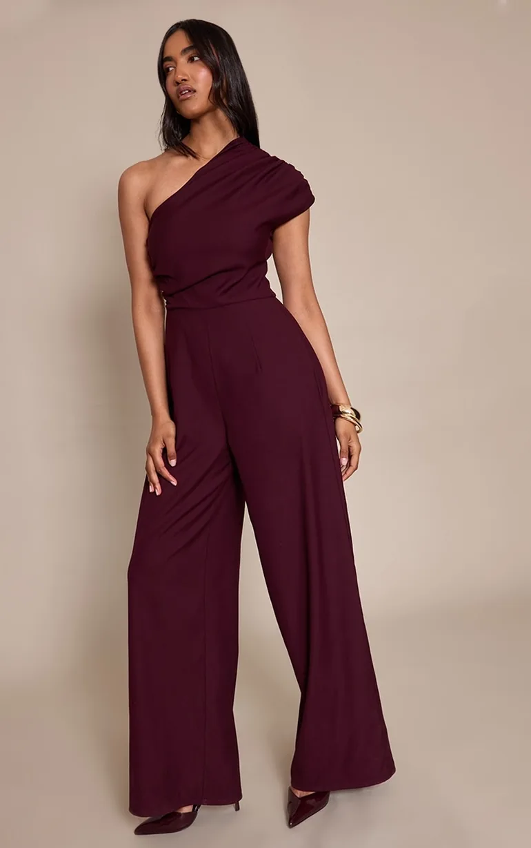 PLT Label Plum Asymmetric Ruched Wide Leg Jumpsuit - 2