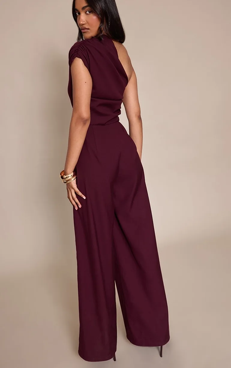 PLT Label Plum Asymmetric Ruched Wide Leg Jumpsuit - 1