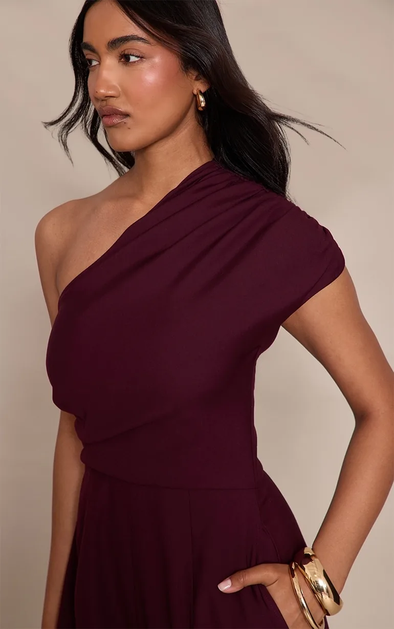 PLT Label Plum Asymmetric Ruched Wide Leg Jumpsuit - 3