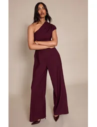 PLT Label Plum Asymmetric Ruched Wide Leg Jumpsuit
