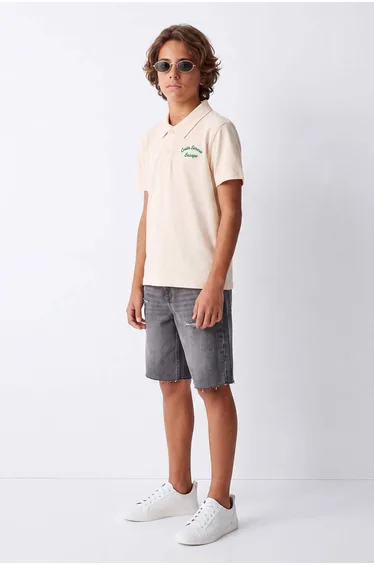 Beige Boy's Polo Collar Knitted T-Shirt
