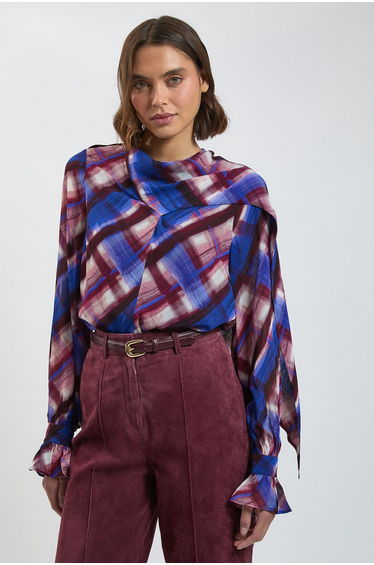 Check Print Scarf Detail Woven Viscose Blouse
