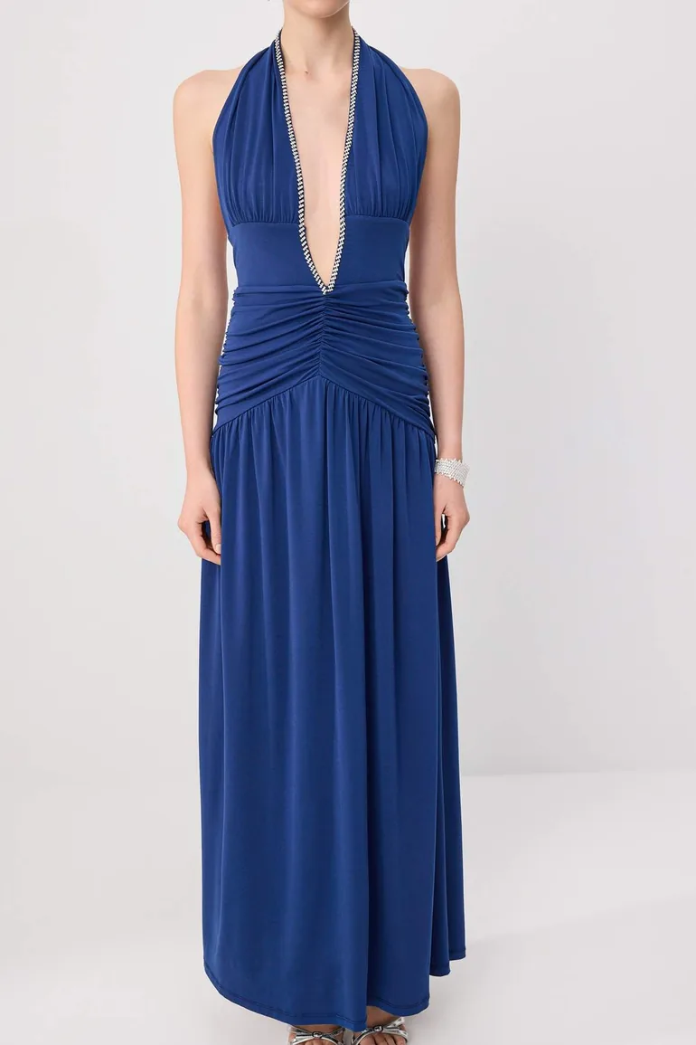 Navy Blue Stone-Embellished Maxi Evening Dress & Graduation Dress - 5