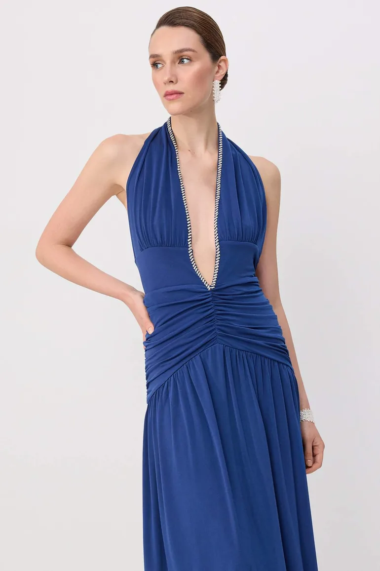 Navy Blue Stone-Embellished Maxi Evening Dress & Graduation Dress - 1
