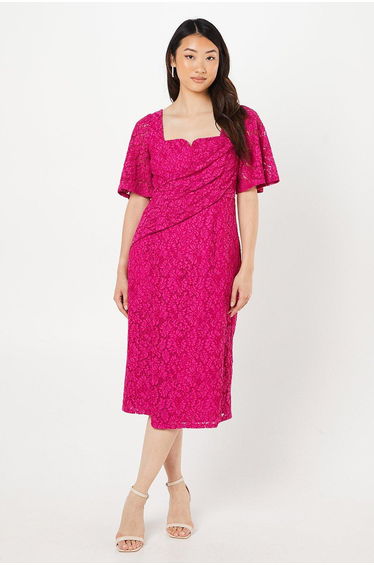 Lace Wrap Waist Flutter Sleeve Midi Dress