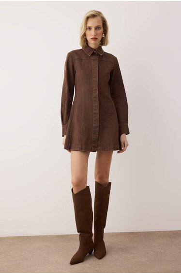 Exclusive Special Collection Brown Waxed Gabardine A-Line Short / Mini Woven Dress