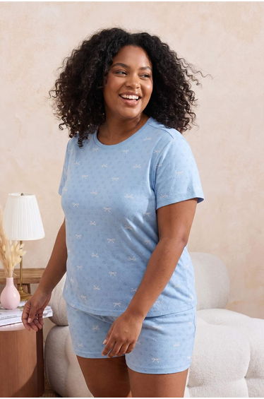 Blue Ribbon Patterned Pointel Knitted Plus Size Pajama Set