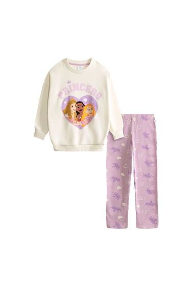 Disney Princess Girls Hearts Sweatshirt & Jogging Bottoms Set - Cream/Pink