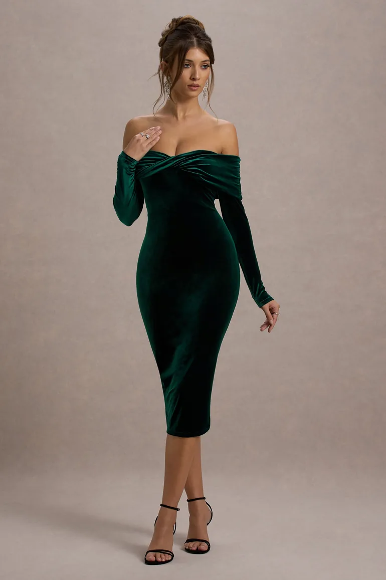 Compliment | Bottle Green Velvet Bardot Midi Dress - 2