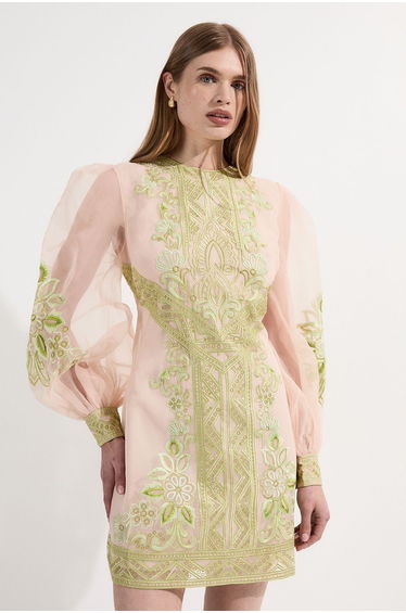 Petite Embroidered Organdie Balloon Woven Mini Dress