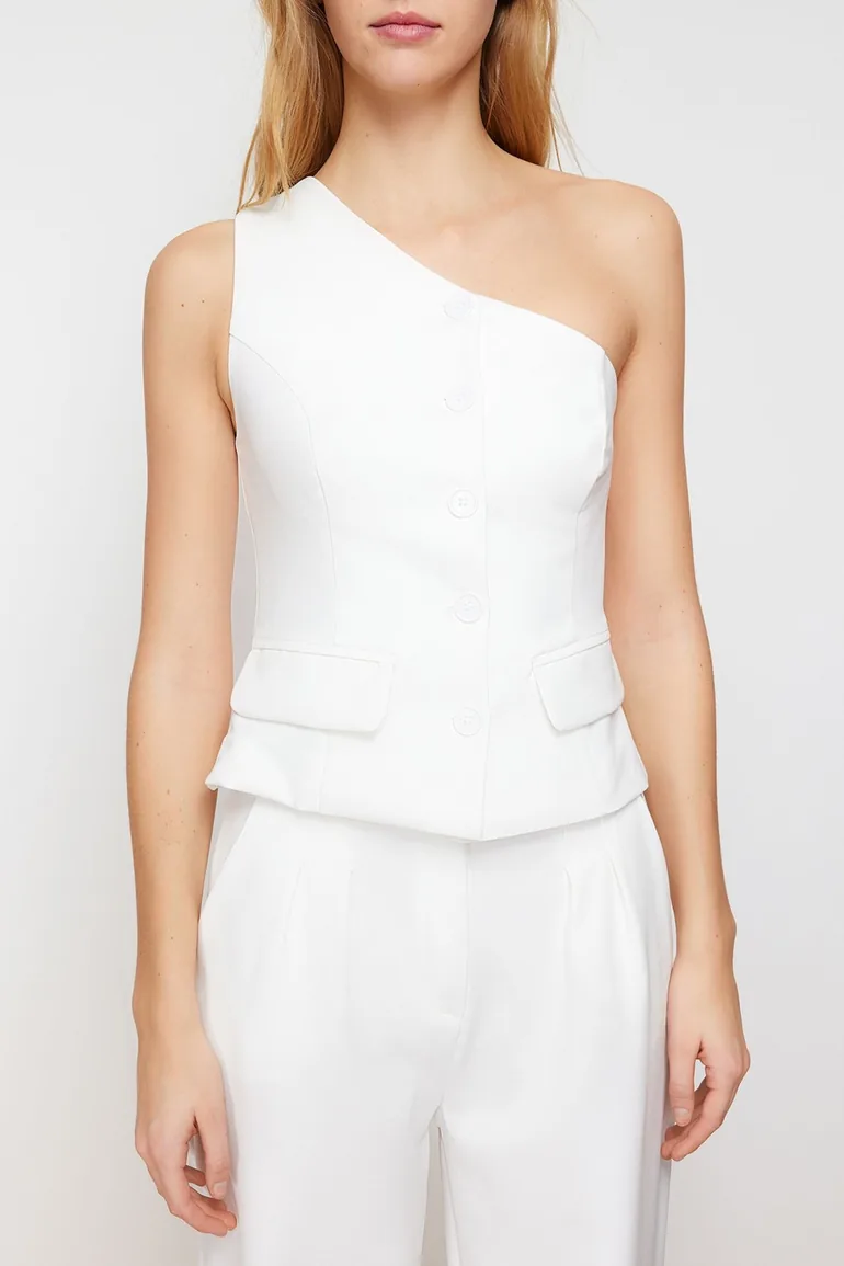 Ecru Fitted Woven Vest - 3