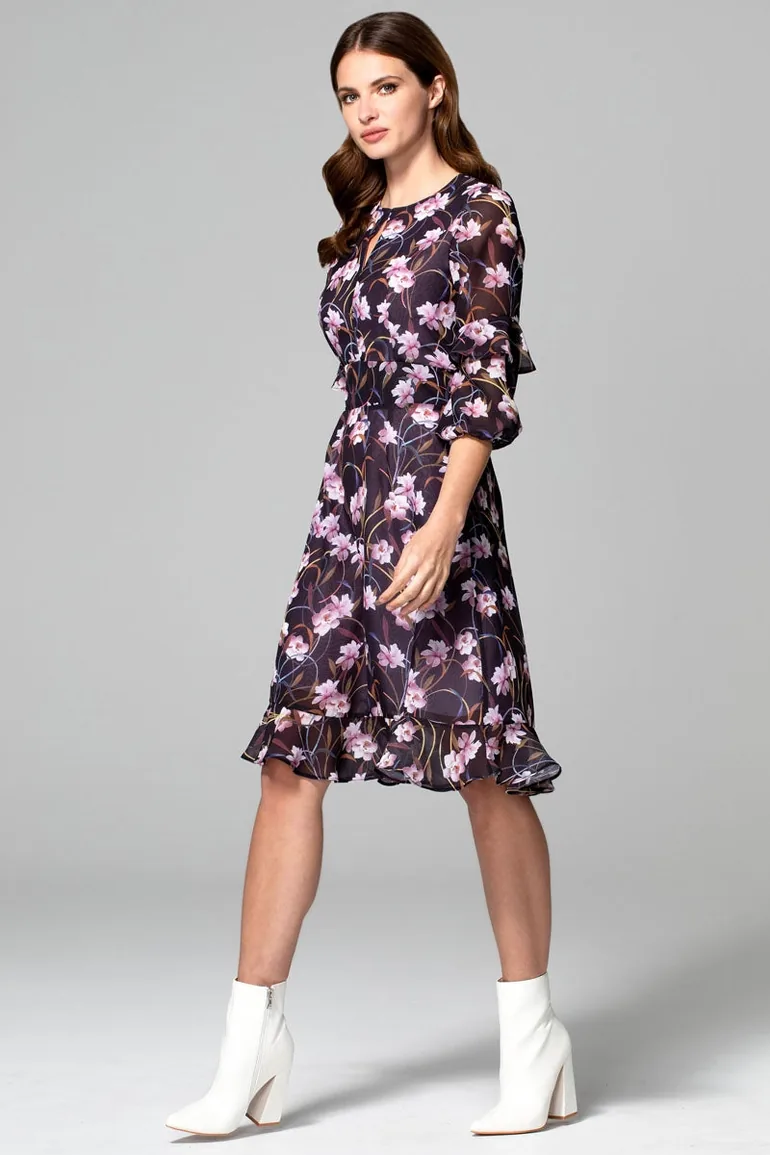 sachin and babi light blue dress Faux-Wrap Flare Sleeve Asymmetric Chiffon Mini Dress with Sash in Black