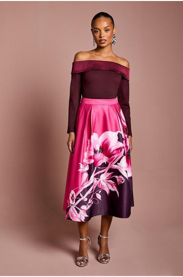 Petite Satin Bardot Compact Crepe Long Sleeve Top
