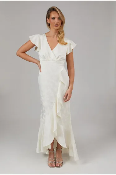 Satin Jacquard Ruffle Hem Floor Length Bridesmaids Dress