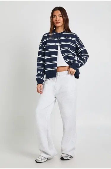 Stripe High Neck Cardigan Sweatshirt - navy