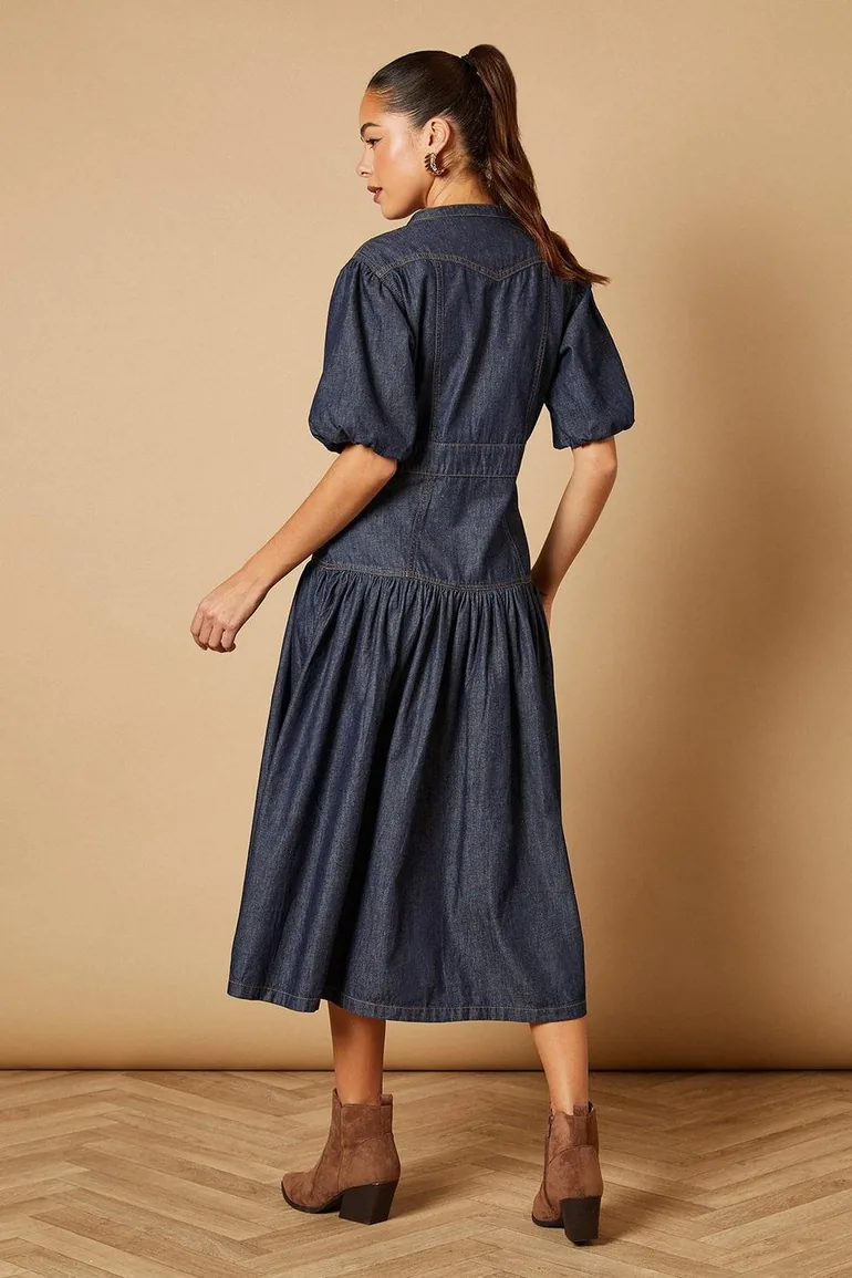 Drop Waist Button Up Denim Midi Dress Oasis : Day Dresses : VogaCloset Oman Drop Waist Button Up Denim Midi Dress Oasis : Day Dresses : VogaCloset Oman