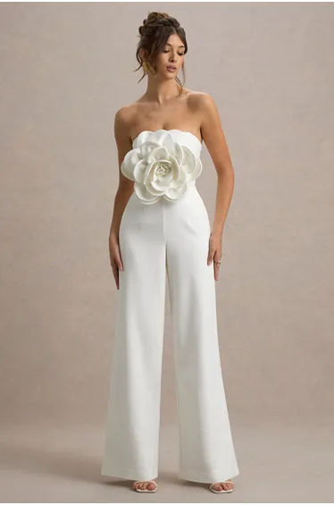 Opia | White Bandeau Wide-Leg Jumpsuit With Large Floral Corsage