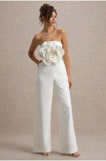 Opia | White Bandeau Wide-Leg Jumpsuit With Large Floral Corsage