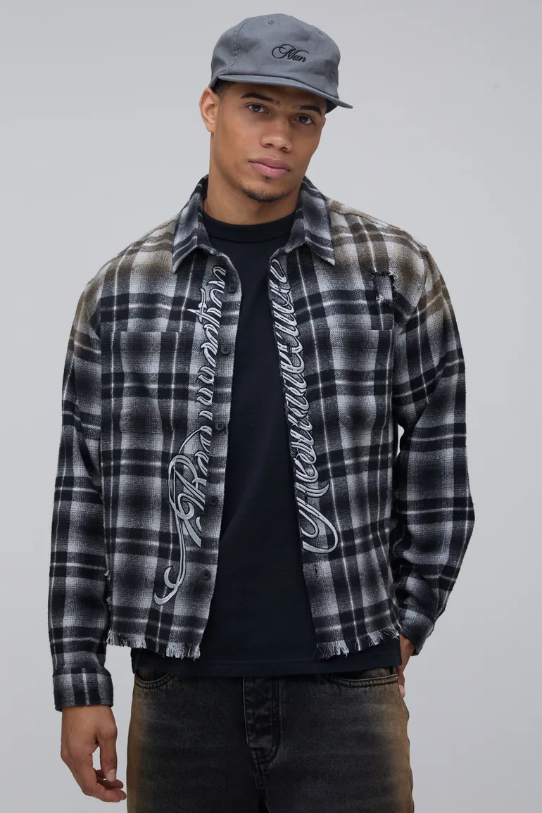 Oversized Boxy Bleach Wash Applique Distress Shirt - grey