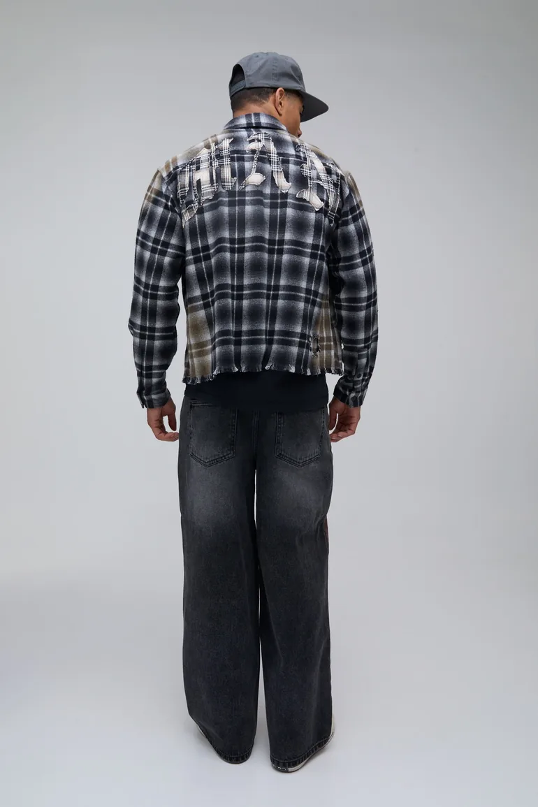 Oversized Boxy Bleach Wash Applique Distress Shirt - grey - 1