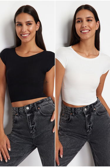 Black-White Crew Neck Moon Sleeve Crop Pack of 2 Knitted Blouse