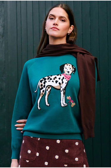 Yumi Teal Dalmatian Intarsia Relaxed Jumper