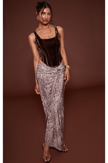 Brown Printed Slinky Trim Detail Maxi Skirt