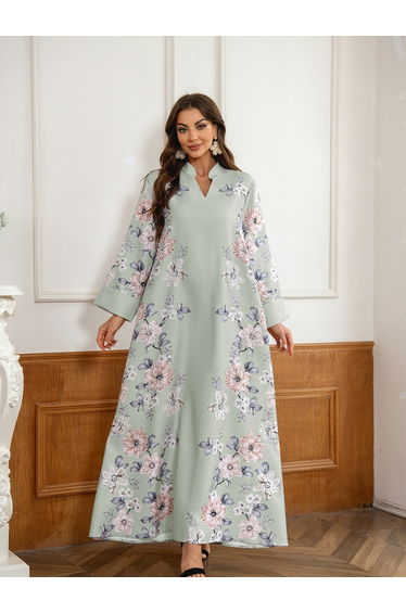 Floral Print Embellished Faux Pearl Detail Jalabiya