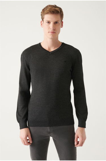 Men's Anthracite V Neck Wool Blended Standard Fit Regular Cut Knitwear Sweater