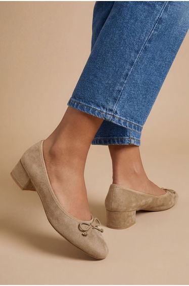 Fara Faux Suede Bow Detail Low Block Heel Ballet Pumps