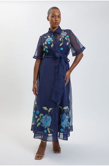 Plus Size Embellished Detail Organdie Belted Shirt Dress
