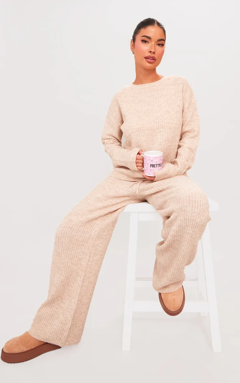 Petite Oatmeal Knit Wide Leg Trousers
