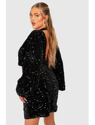 Plus Oversized Blouson Sleeve Sequin Mini Dress - 2