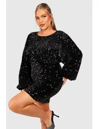 Plus Oversized Blouson Sleeve Sequin Mini Dress - 1