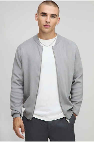 Regular Fit Smart Knitted Bomber Jacket - grey