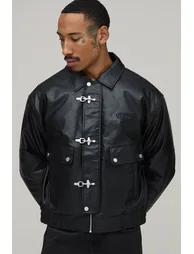 Boxy Fit PU & Check Reversible Fireman Clasp Bomber Jacket - black - 1