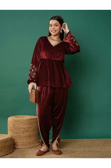 Embroidered Velvet Peplum Top With Dhoti Pants