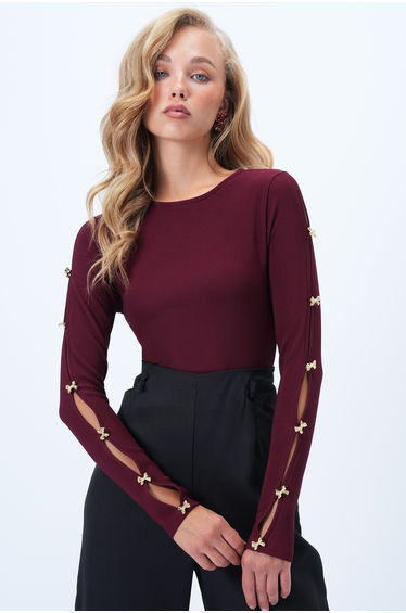 Women's Burgundy Crew Neck Sleeve Gold Button Detailed Ottoban